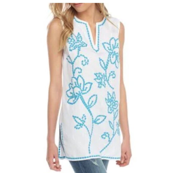 Grace Elements NWT linen blend tunic top w/ turquoise embroidered floral size S - Picture 11 of 11